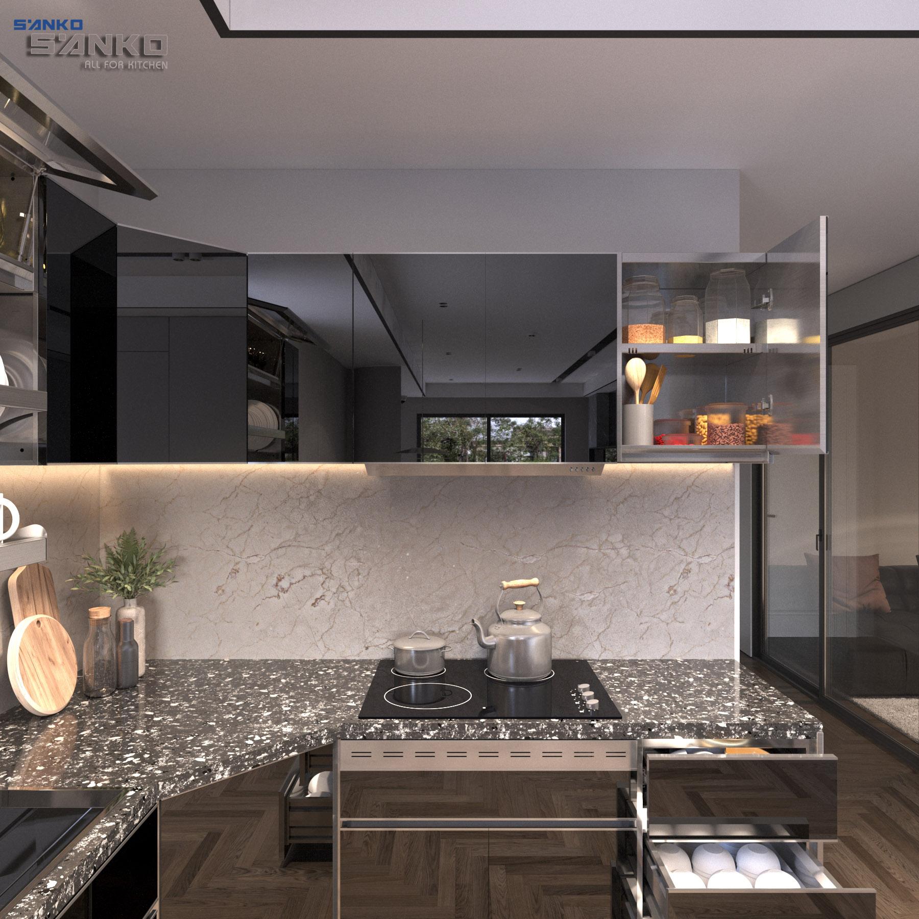 Tủ Bếp Chữ L Kích Thước 2100x2100 Cánh Kính