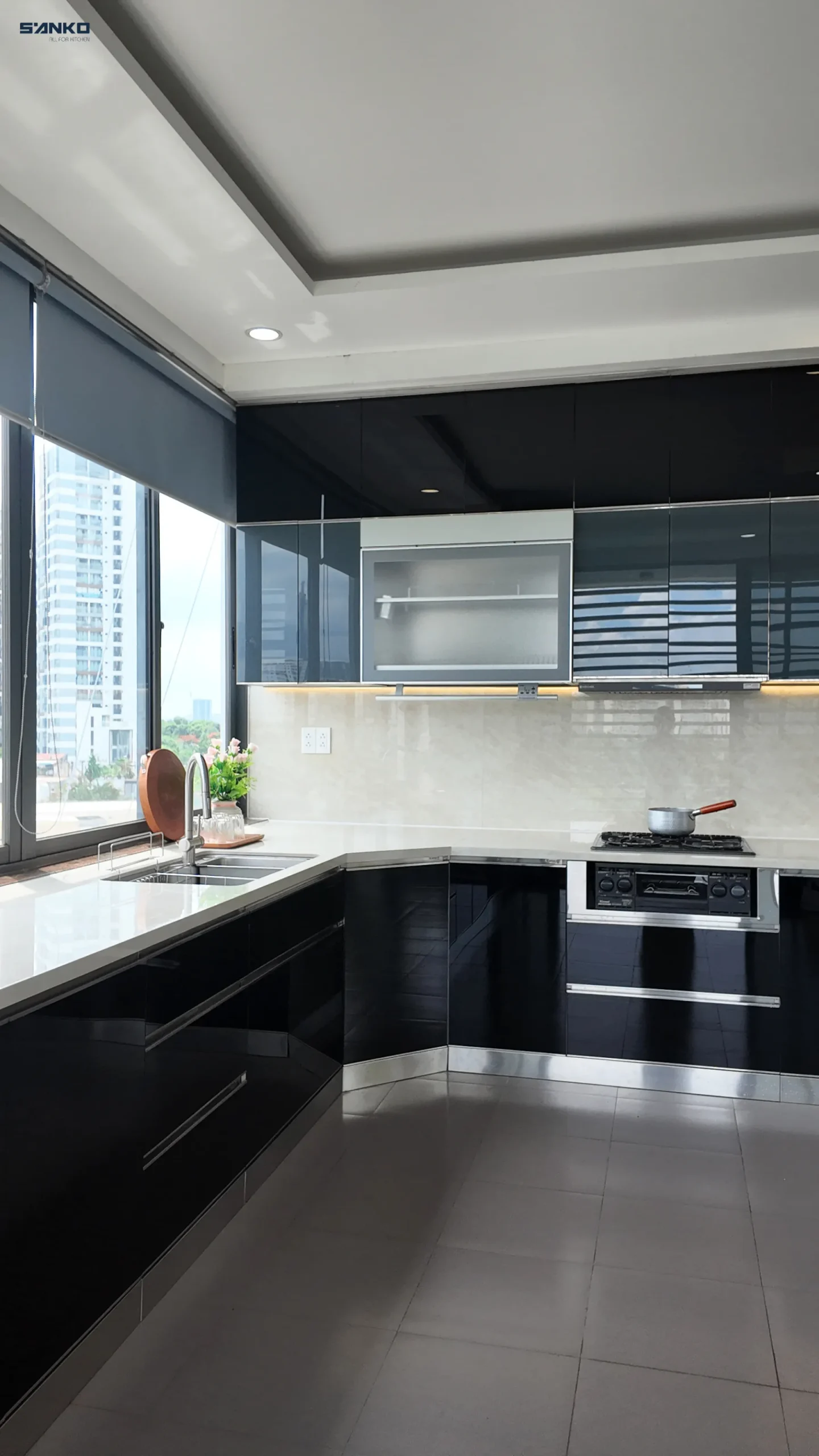 Công trình Tủ bếp Inox hệ Module cánh kính chữ L – Anh Khoa (Quận 2)