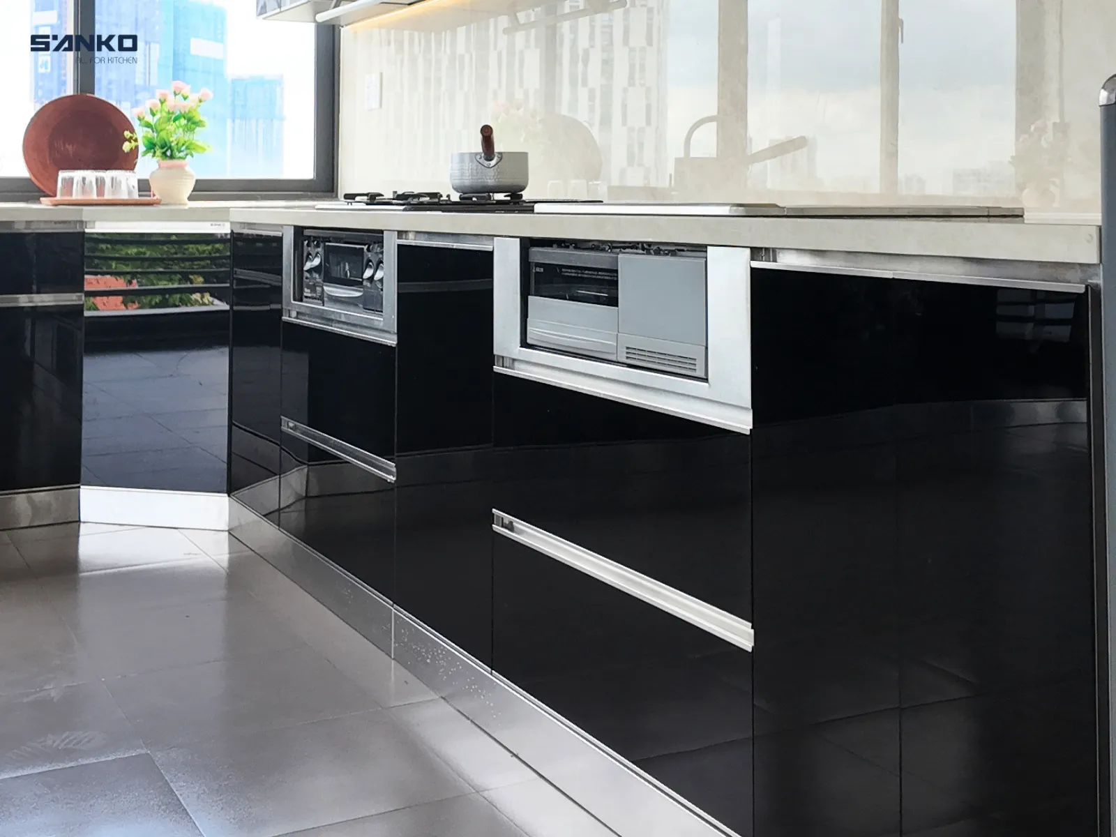 Công trình Tủ bếp Inox hệ Module cánh kính chữ L – Anh Khoa (Quận 2)
