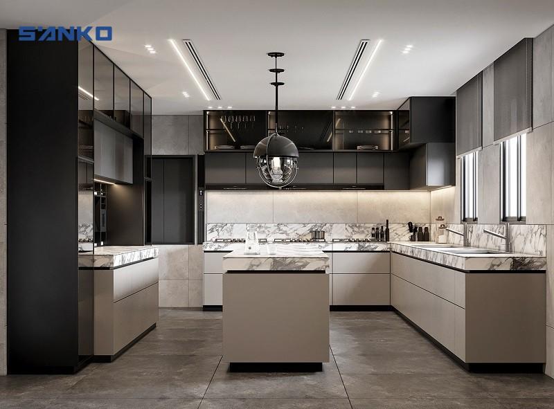 Tủ bếp chữ U inox kết hợp mặt đá trắng vân mây